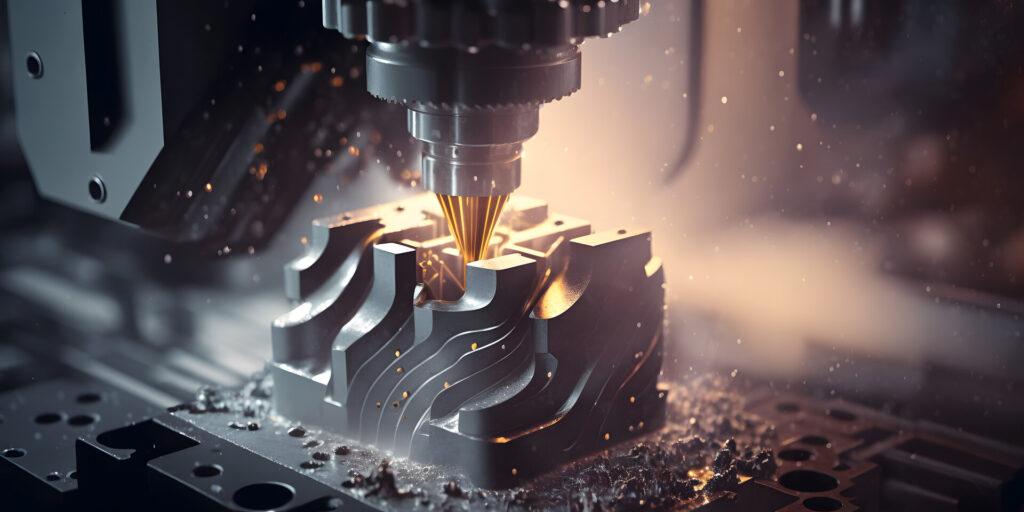 CNC-Drehen Bohren Fräsen Fabrik verarbeitet Stahl Turbine Teil Prozess. Banner der Metallwerkzeugmaschinenindustrie.