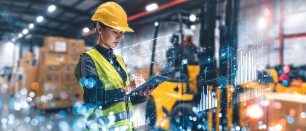 Frau mit gelber Schutzweste und Helm arbeitet digital mit einem Tablet in einer Lagerhalle, symbolisiert Digitalisierung in der Industrie