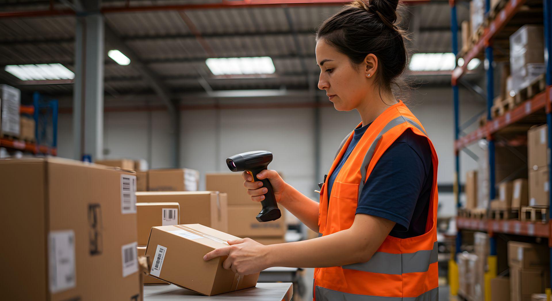 Mitarbeiterin im Lager scannt Pakete mit einem Handscanner zur Barcode-Erfassung und Inventarisierung
