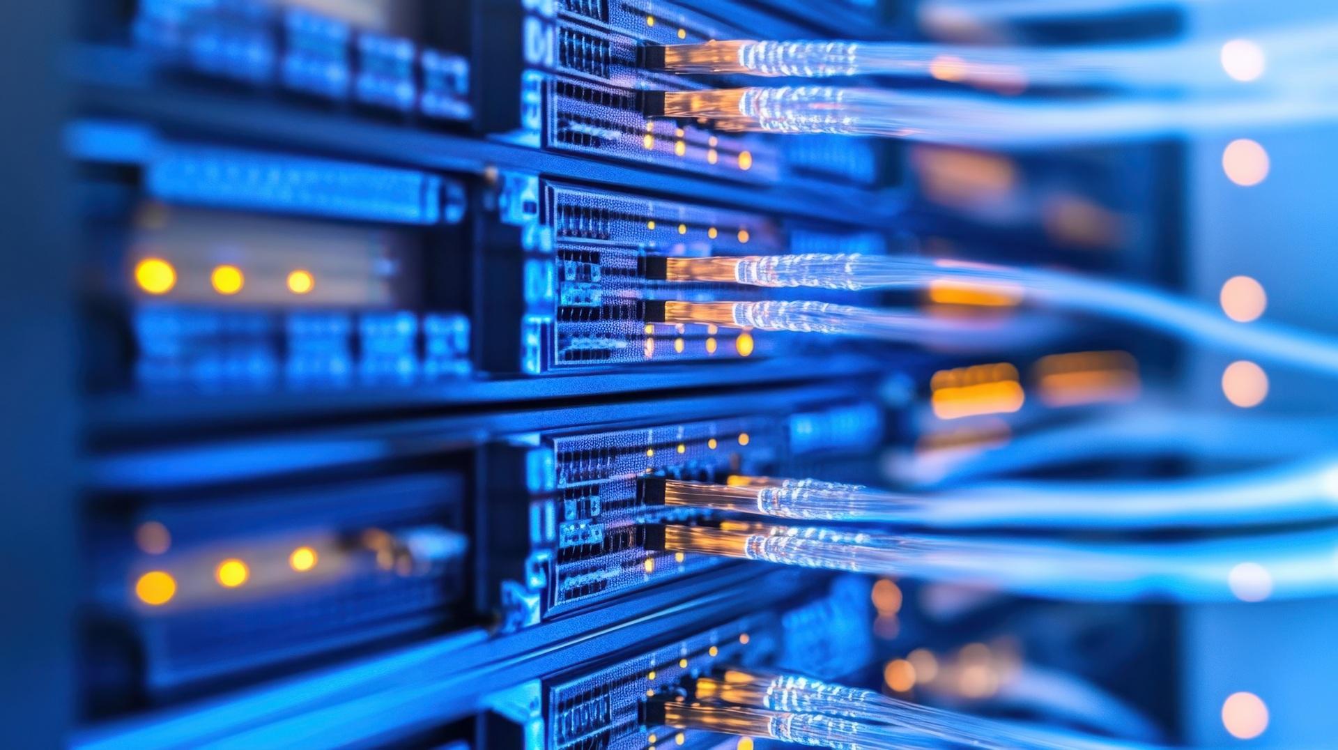 Leuchtende Glasfaserkabel in Netzwerkserver eines Rechenzentrums | Multimode Kabel