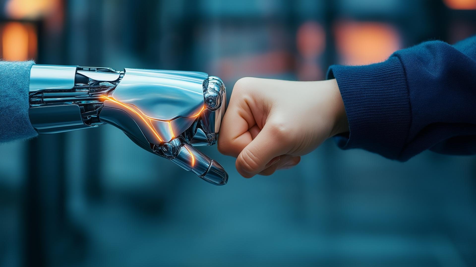Mensch und Roboter stoßen Fäuste als Zeichen für Zusammenarbeit | E-Learning Anbieter